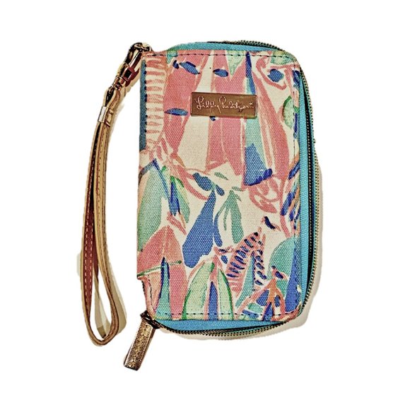 Lilly Pulitzer Wristlet Phone ID Card Case Zip Around Tropical Tiki Palm - Picture 9 of 9